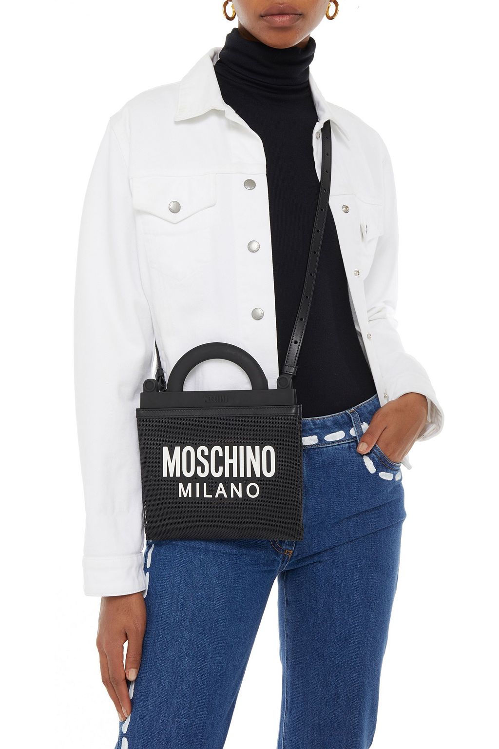 MOSCHINO Leather and PVC-trimmed printed mesh tote
