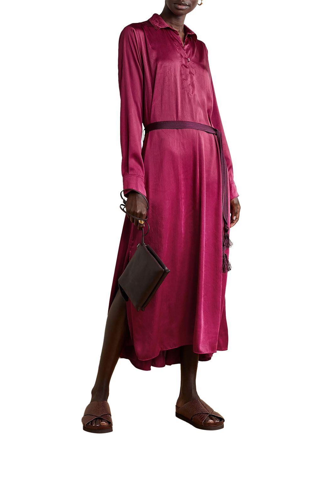 FORTE_FORTE Belted canvas-trimmed crinkled-satin midi dress