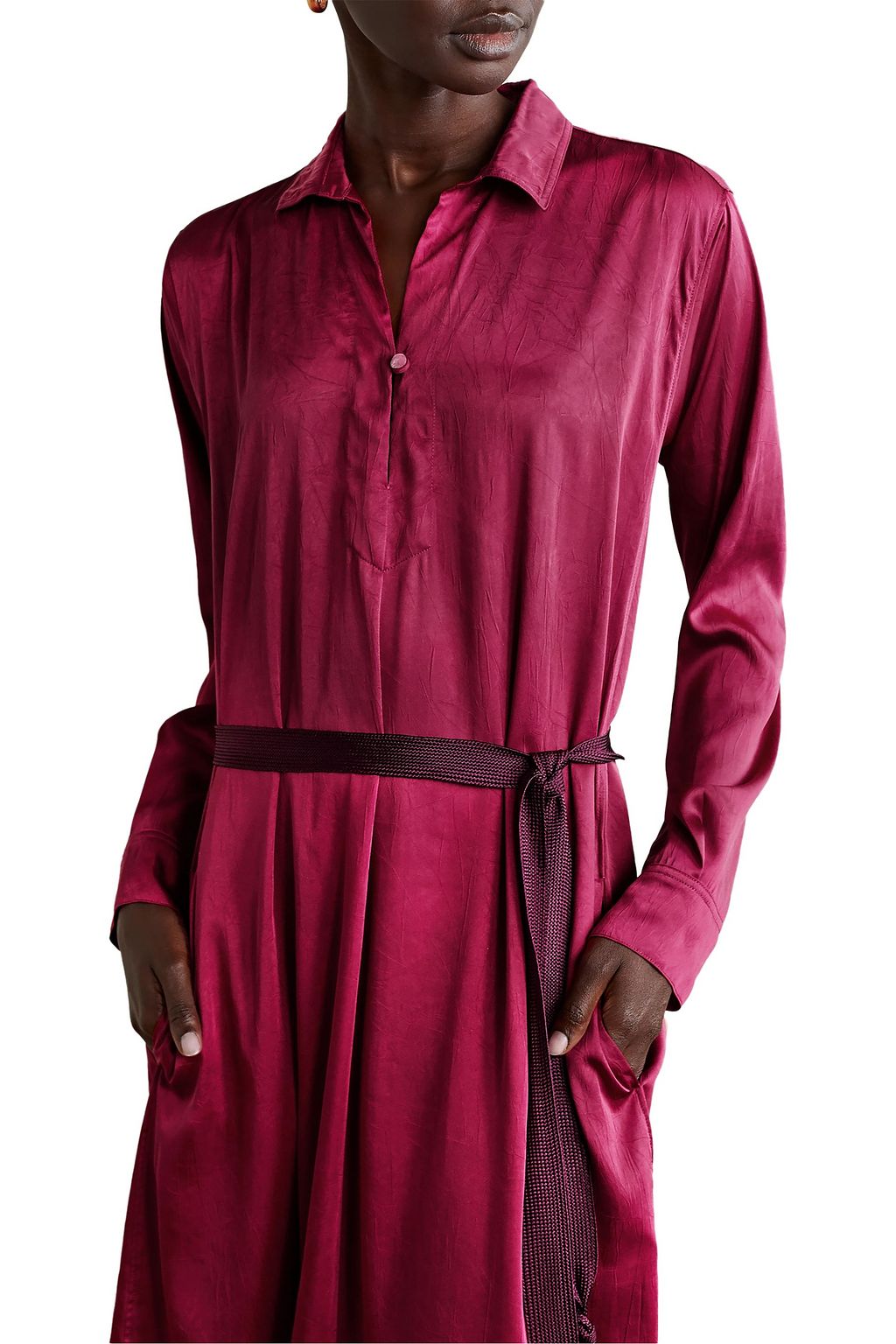 FORTE_FORTE Belted canvas-trimmed crinkled-satin midi dress
