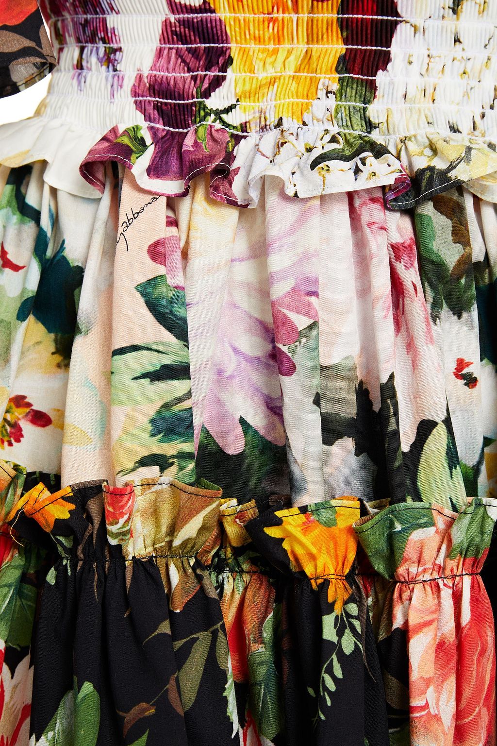 DOLCE&GABBANA Ruffle-trimmed shirred floral-print cotton-poplin mini dress