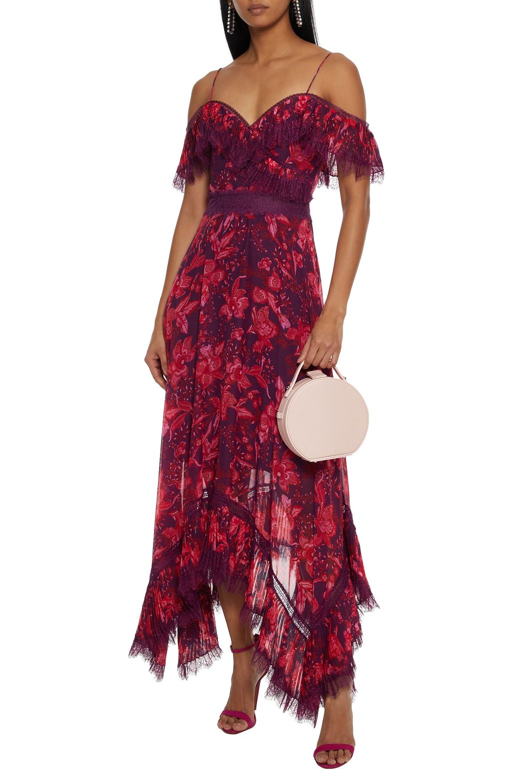 ALICE + OLIVIA Harper cold-shoulder lace-trimmed floral-print georgette midi dress