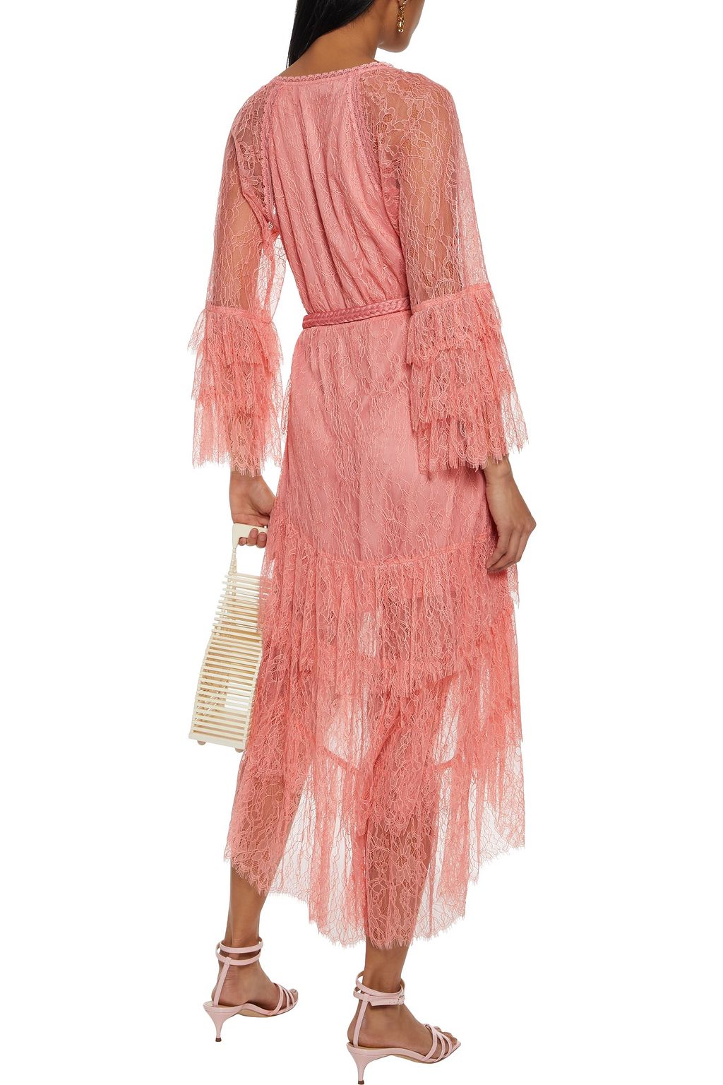 ALICE + OLIVIA Onica asymmetrisches, gestuftes Kleid aus schnurgebundener Spitze mit Gürtel