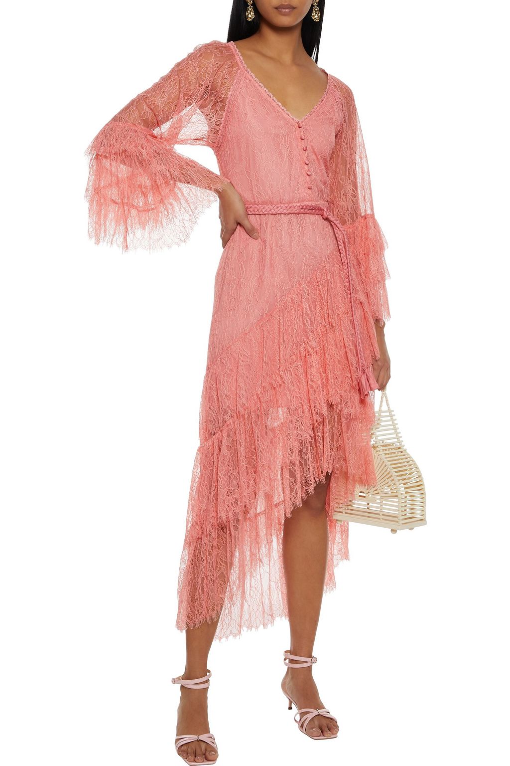 ALICE + OLIVIA Onica asymmetrisches, gestuftes Kleid aus schnurgebundener Spitze mit Gürtel