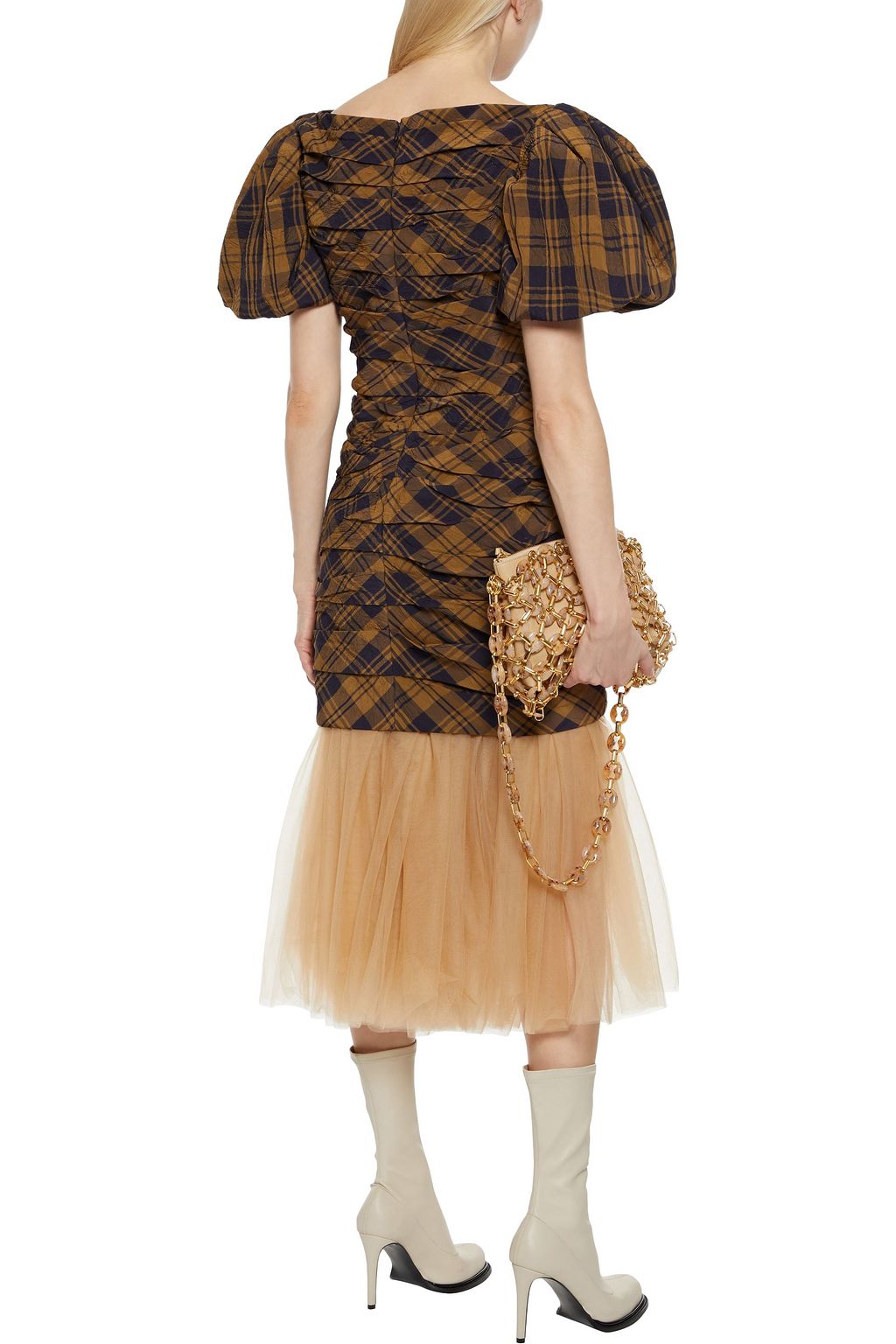 KHAITE Shelly layered checked crinkled-twill and pleated tulle midi dress