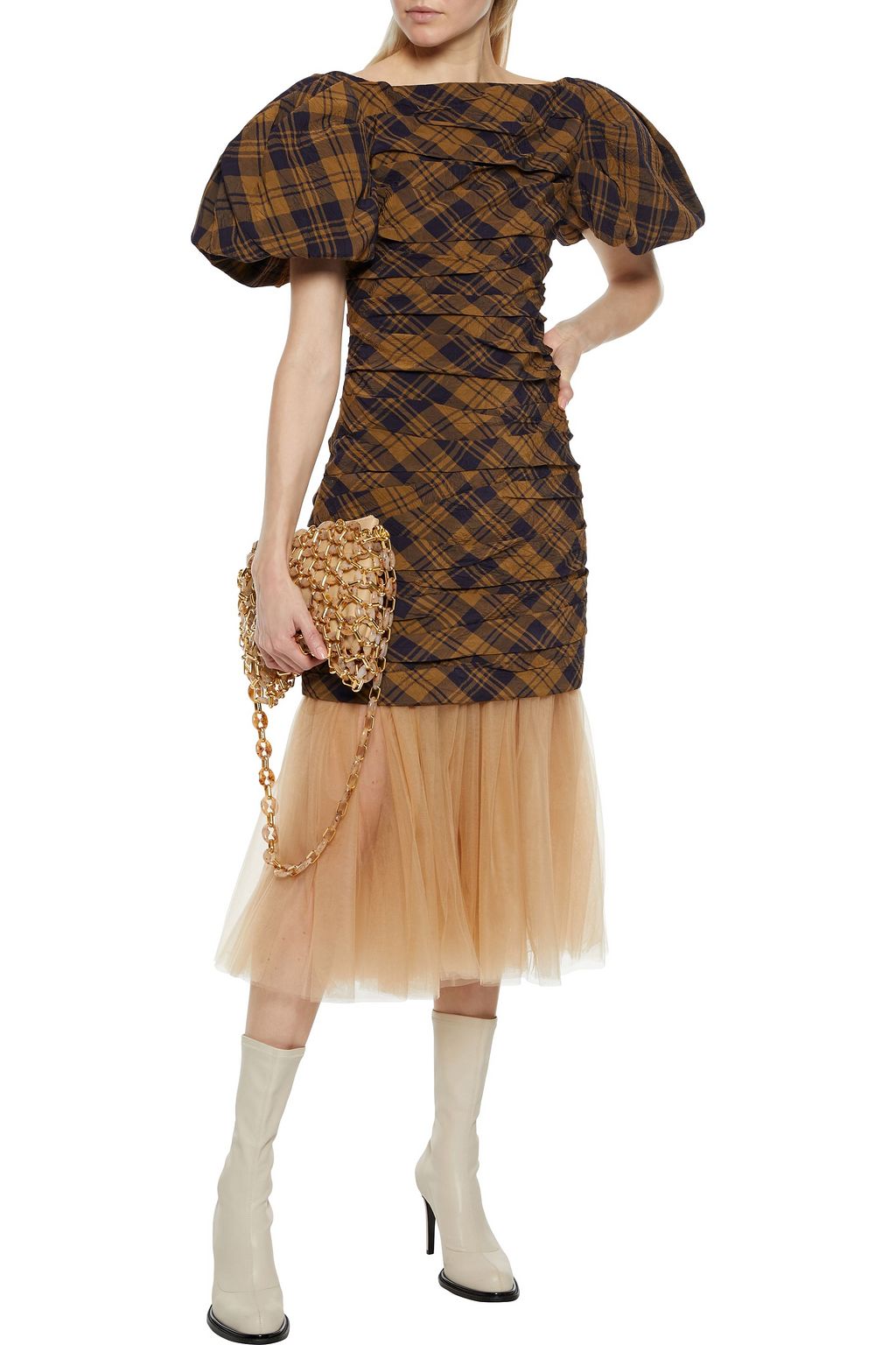 KHAITE Shelly layered checked crinkled-twill and pleated tulle midi dress