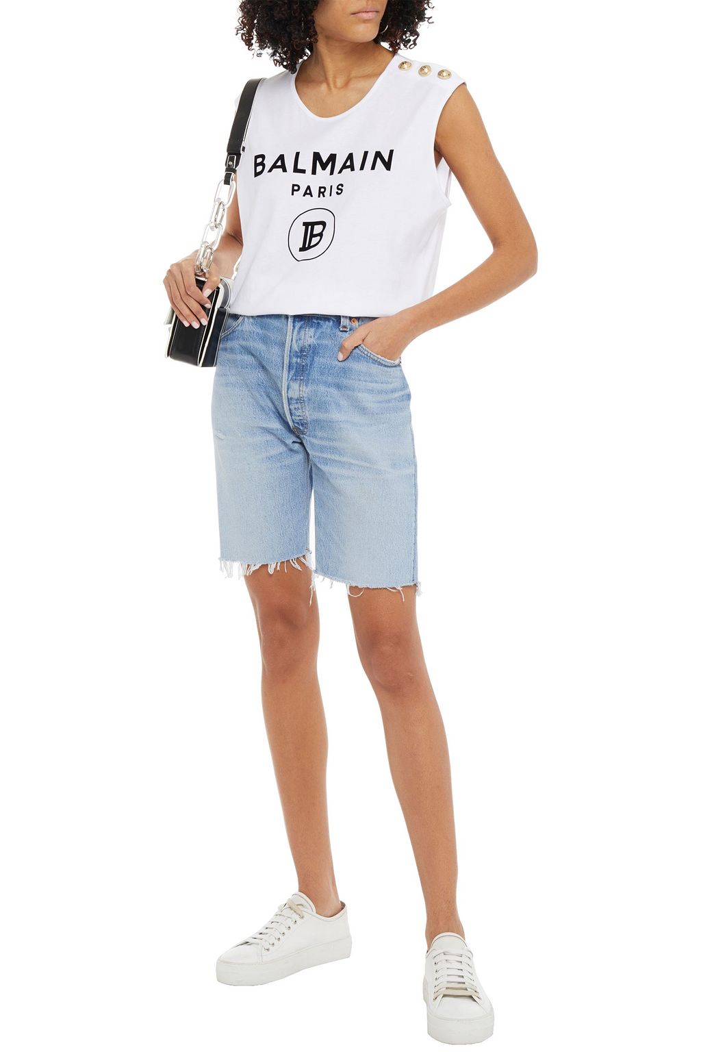 BALMAIN Button-embellished flocked cotton-jersey tank