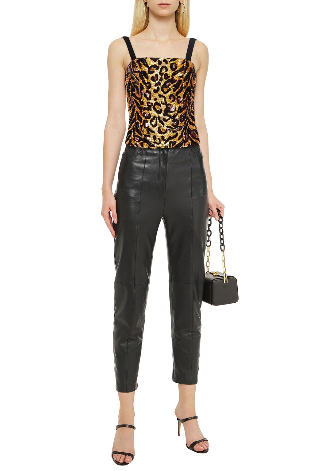 MOSCHINO Cropped embellished leopard-print cotton top