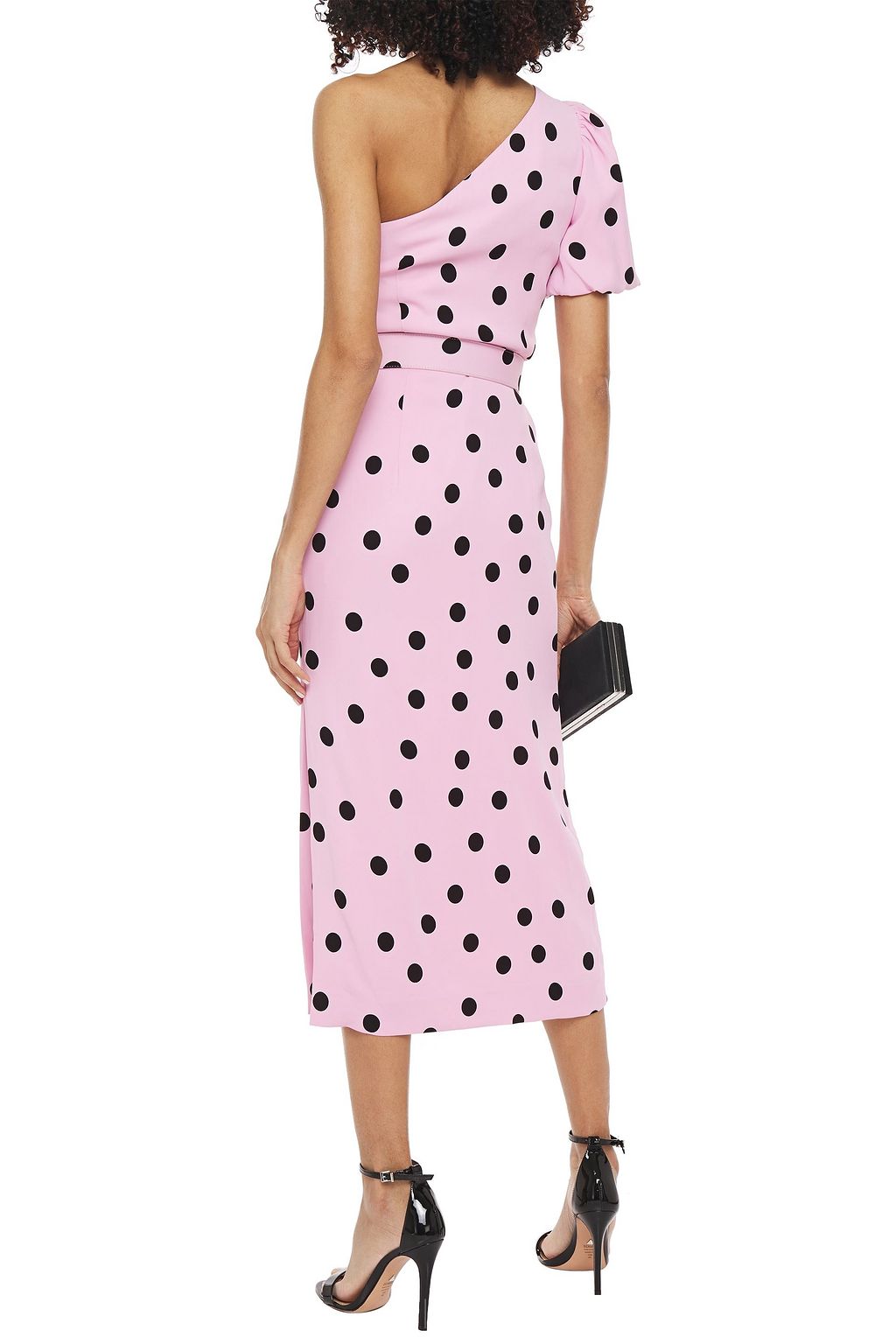 REBECCA VALLANCE Mattel one-shoulder belted polka-dot crepe midi dress