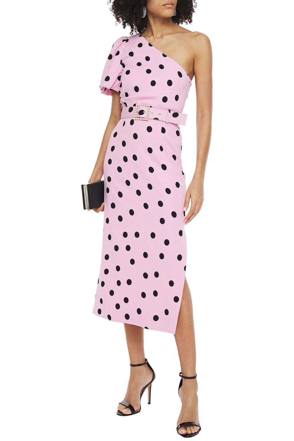 REBECCA VALLANCE Mattel one-shoulder belted polka-dot crepe midi dress