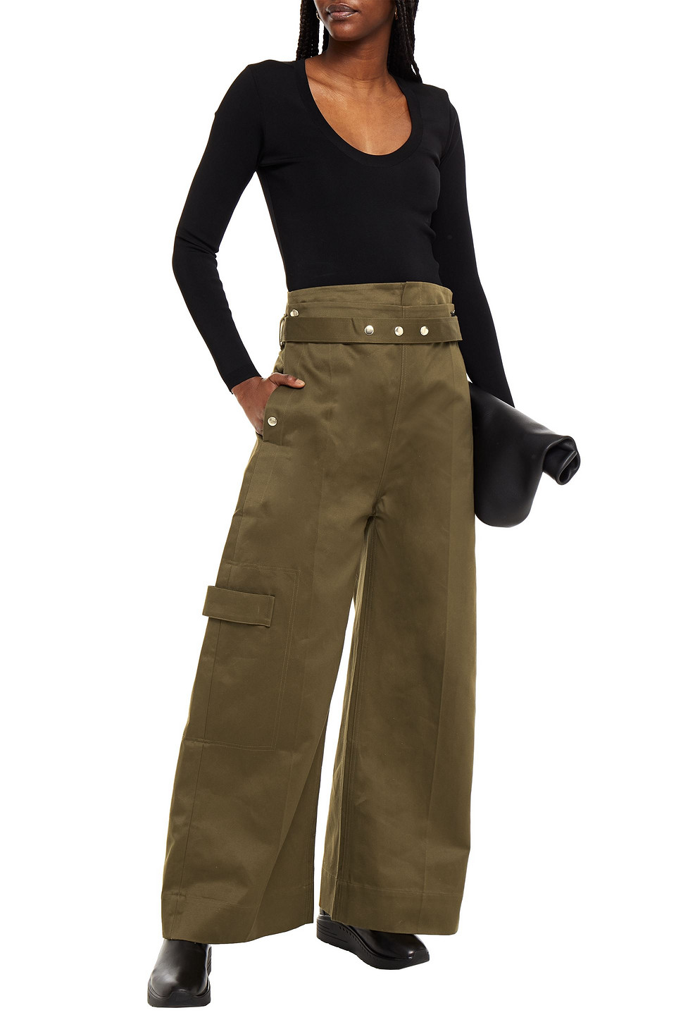 Victoria Beckham Belted Cotton-twill Wide-leg Trousers In Army Green