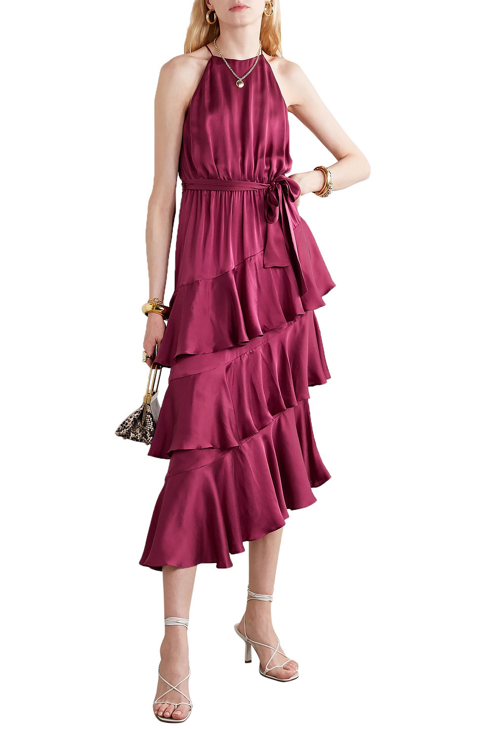 Zimmermann Asymmetric Tiered Silk-satin Midi Dress In Plum