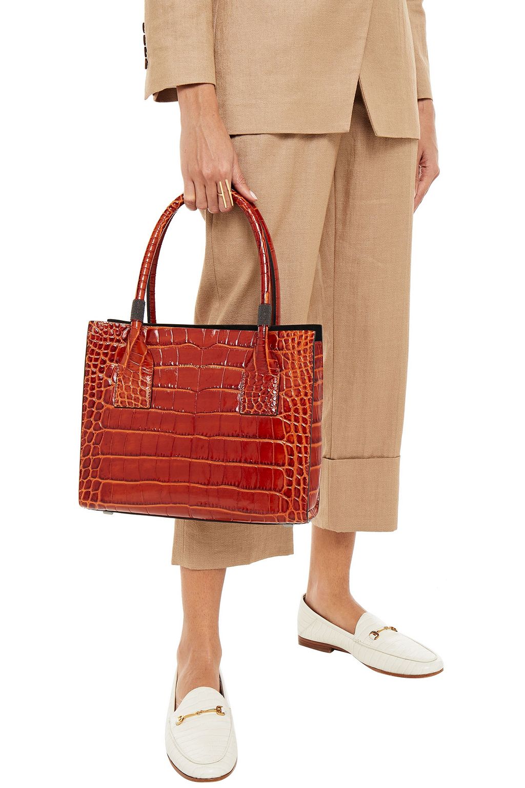 BRUNELLO CUCINELLI Bead-embellished croc-effect leather tote