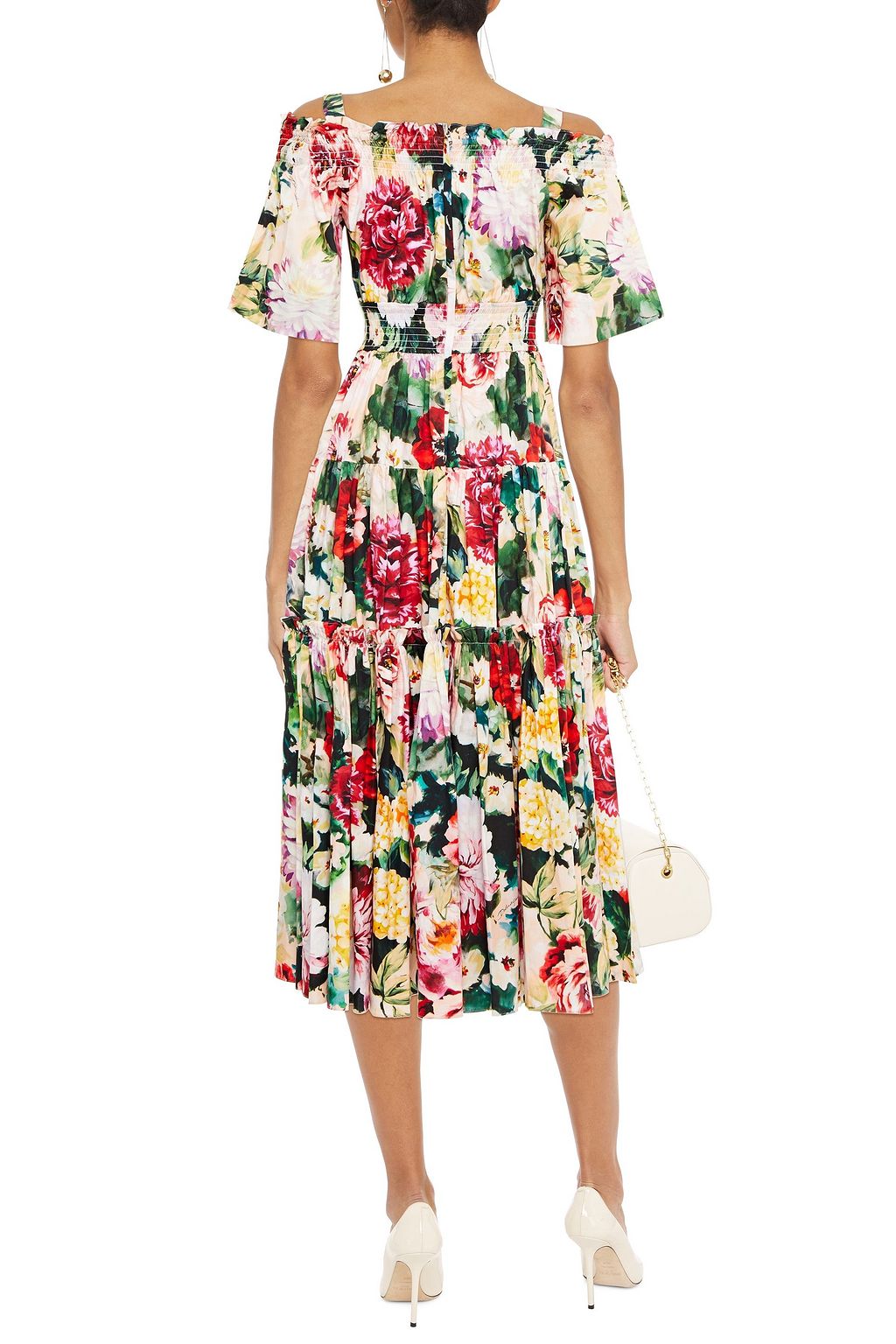 DOLCE&GABBANA Cold-shoulder shirred floral-print cotton-poplin midi dress