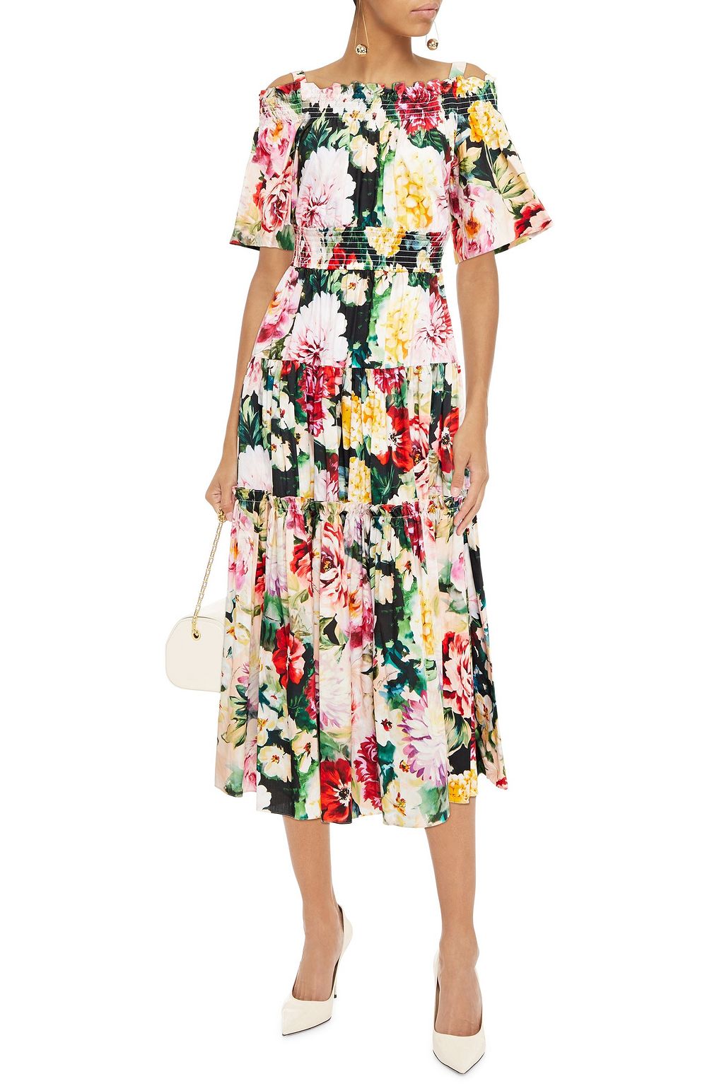 DOLCE&GABBANA Cold-shoulder shirred floral-print cotton-poplin midi dress