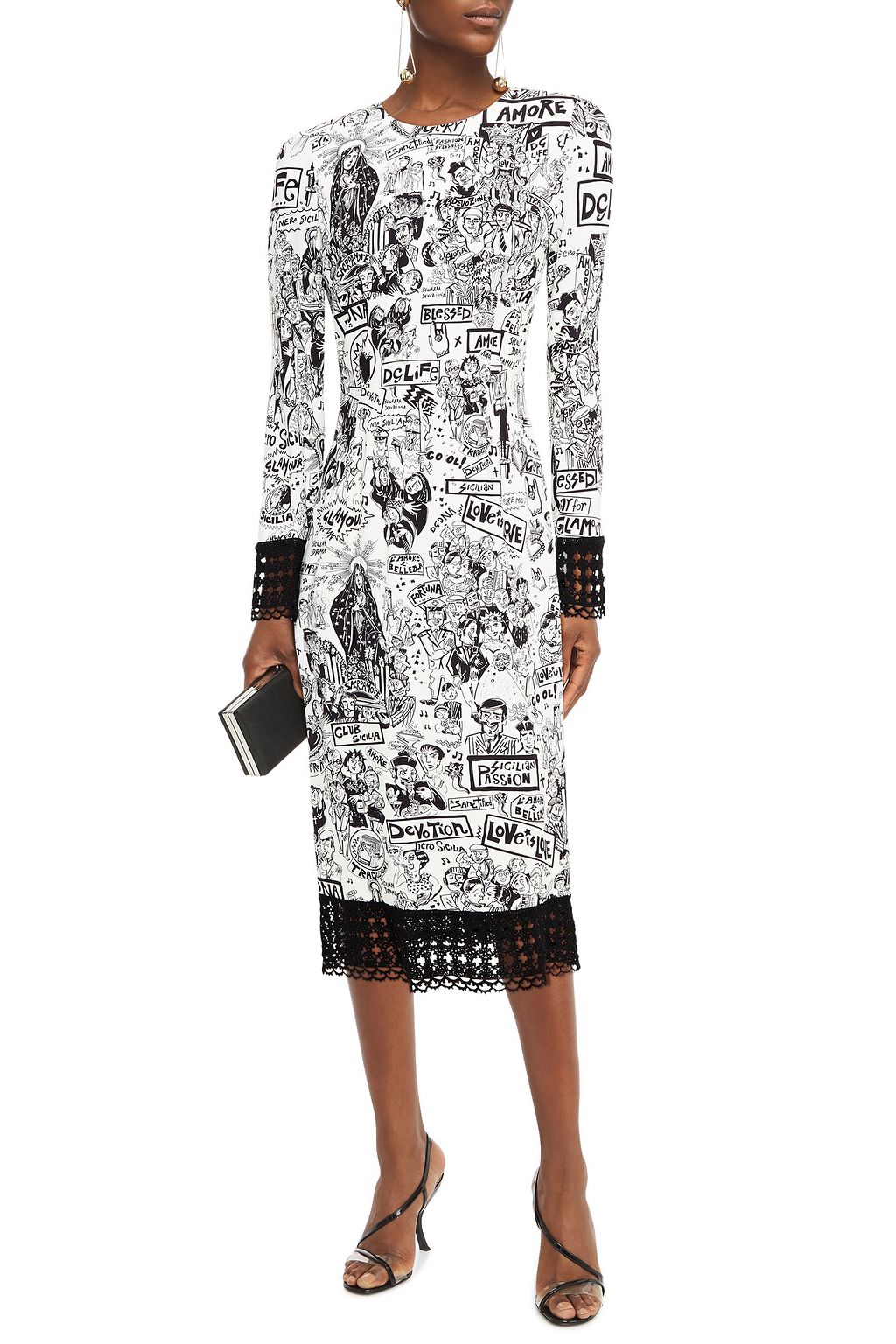 DOLCE&GABBANA Crochet-trimmed printed crepe midi dress