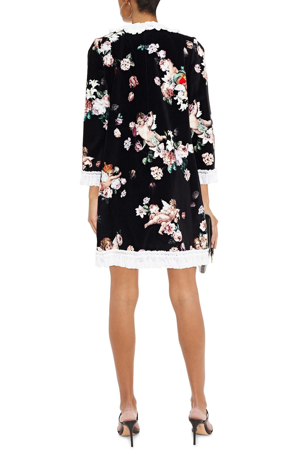 DOLCE&GABBANA Crochet-trimmed printed cotton-blend velvet mini dress
