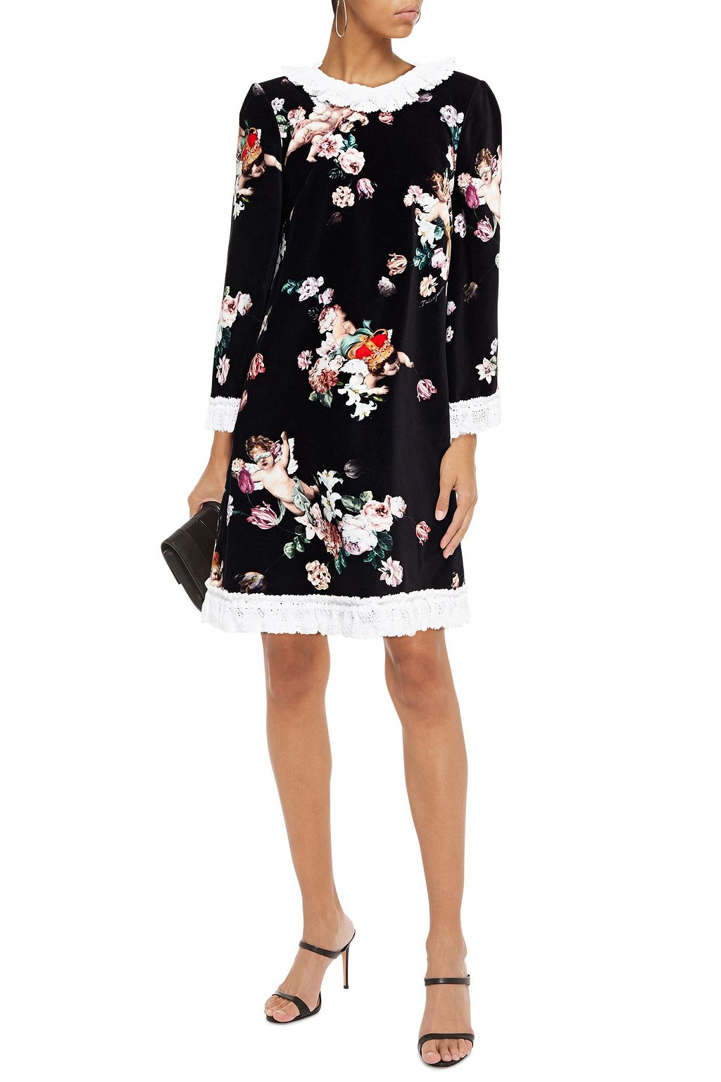 DOLCE&GABBANA Crochet-trimmed printed cotton-blend velvet mini dress