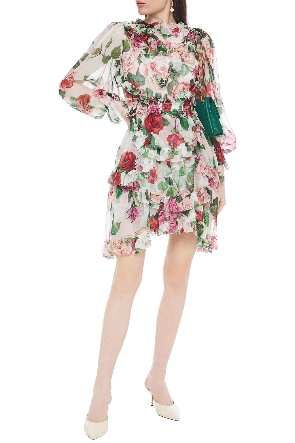 DOLCE&GABBANA Ruffled shirred floral-print silk-voile mini dress