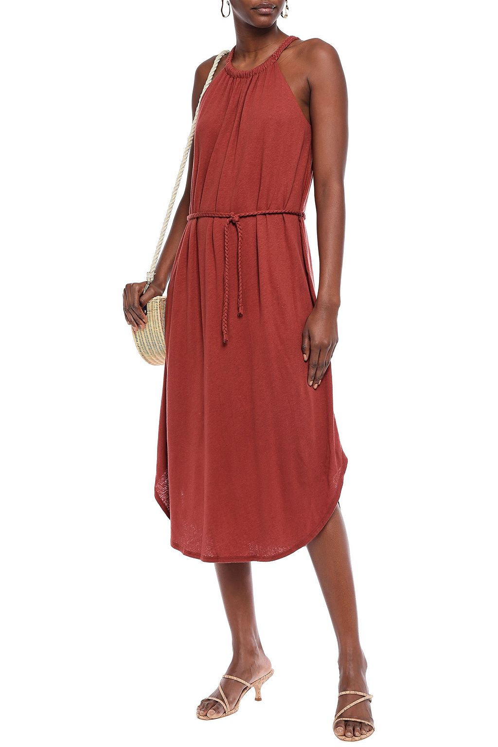 JOIE Meribah belted linen and cotton-blend jersey midi dress