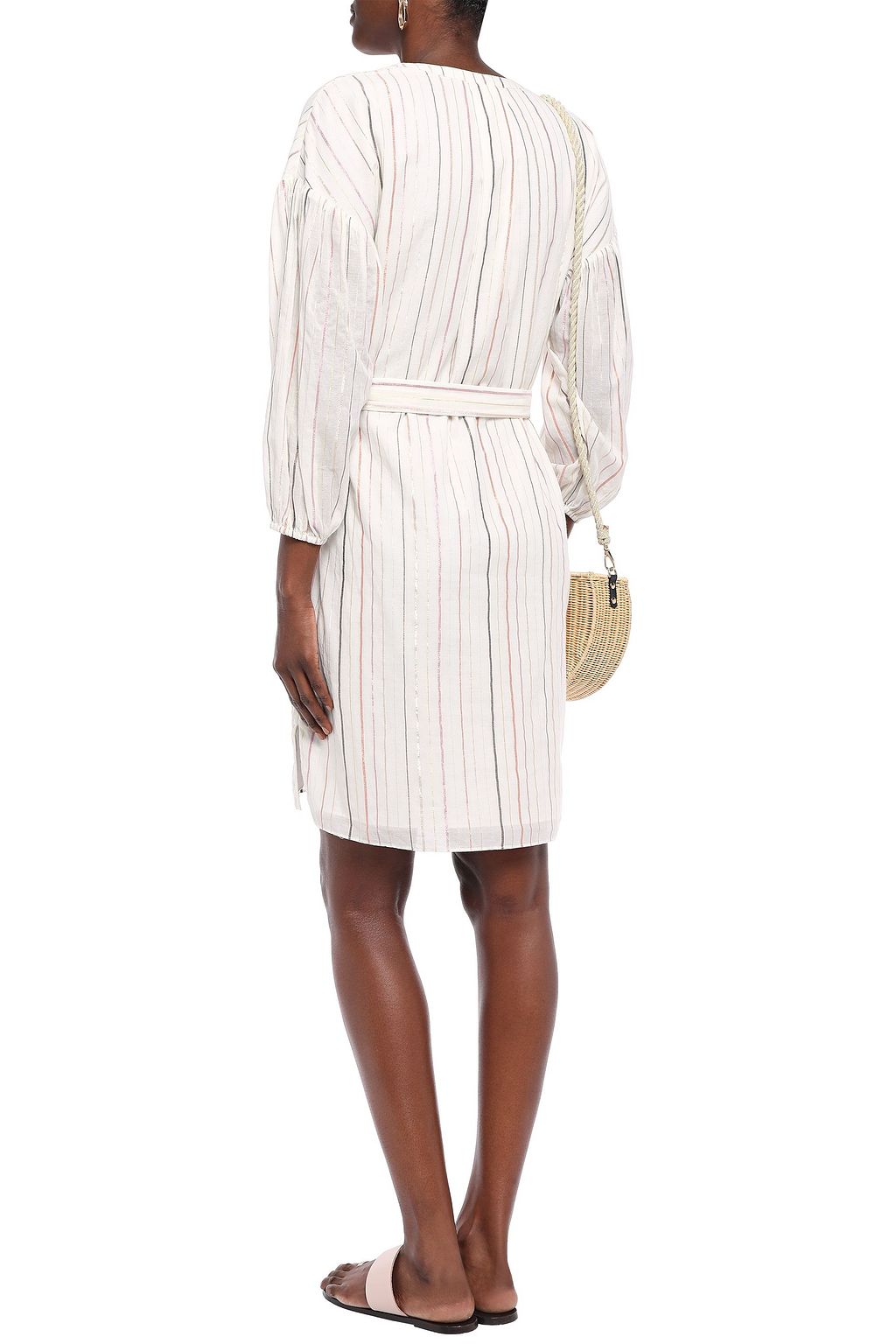 JOIE Belted metallic striped cotton-blend gauze mini dress