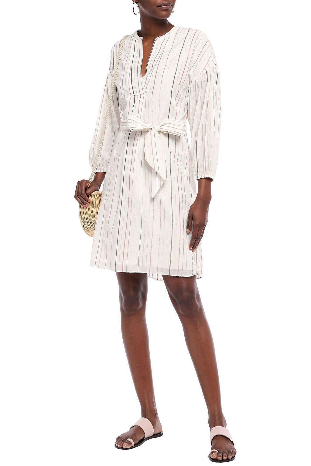 JOIE Belted metallic striped cotton-blend gauze mini dress