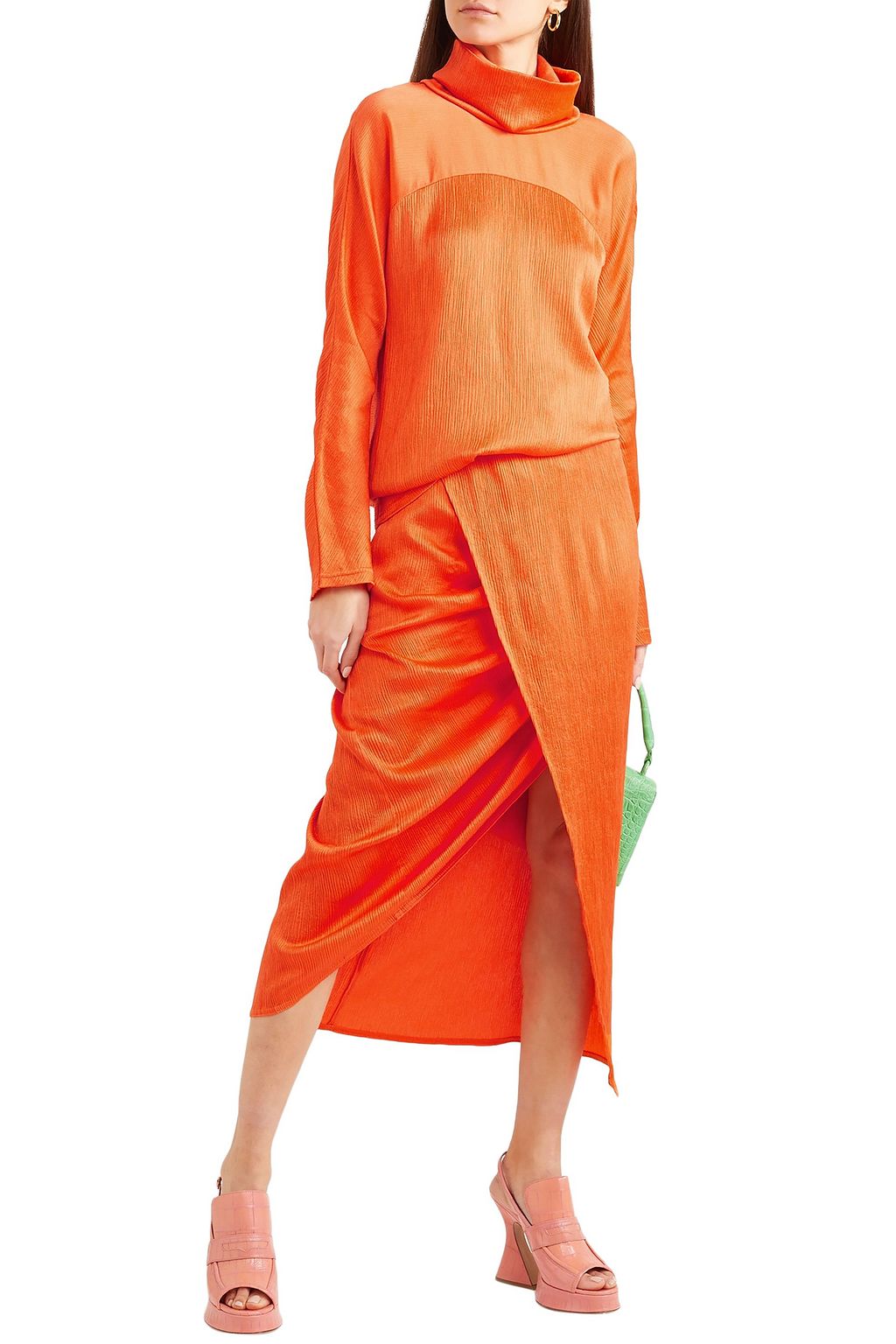 SIES MARJAN Wrap-effect plissé silk-satin midi skirt