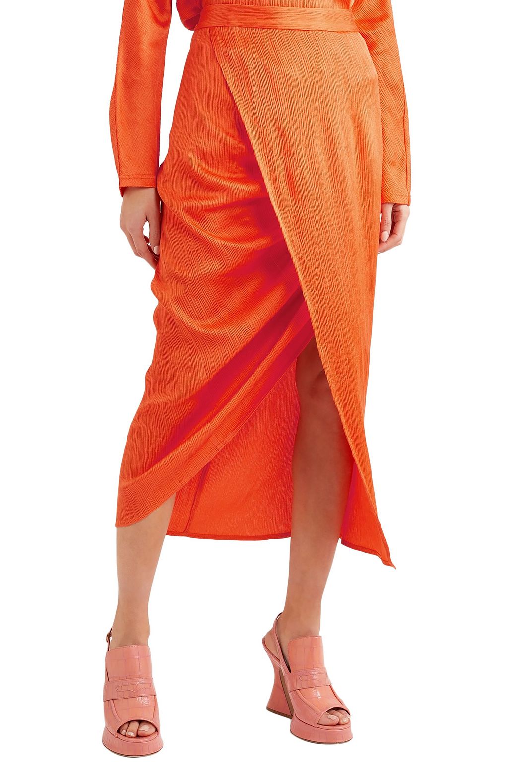 SIES MARJAN Wrap-effect plissé silk-satin midi skirt