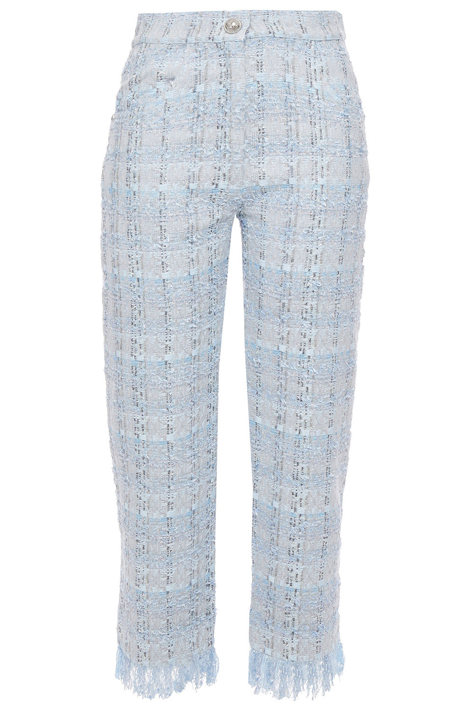 balmain - cropped fringed metallic tweed straight-leg pants - blue - fr 38