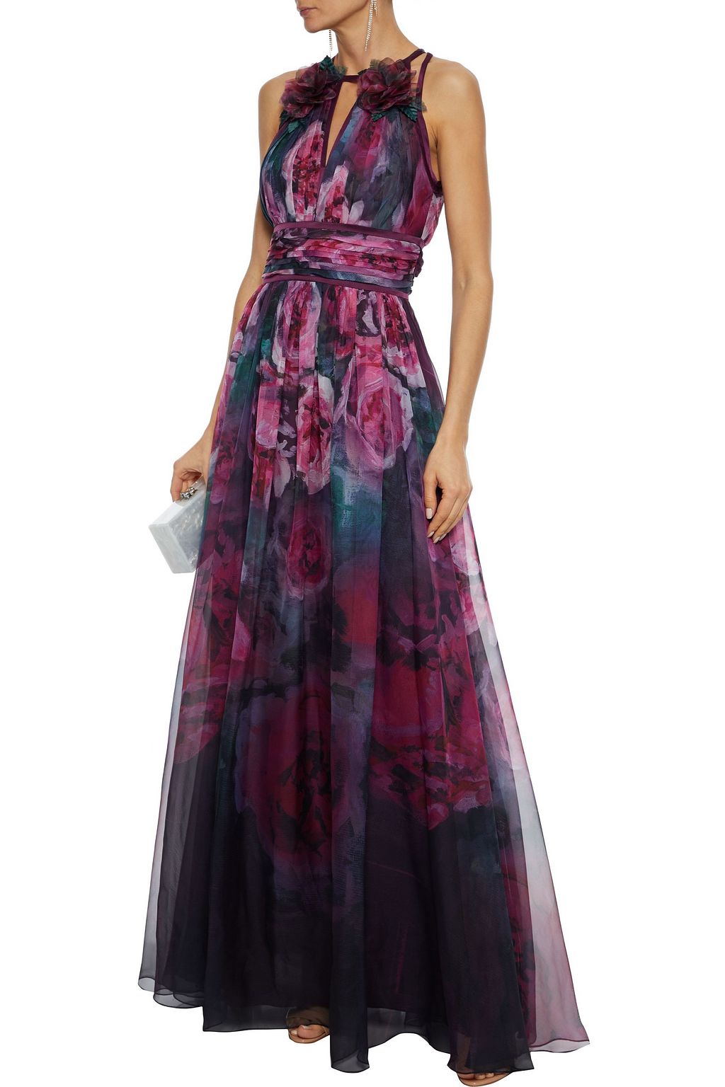 marchesa notte printed chiffon gown