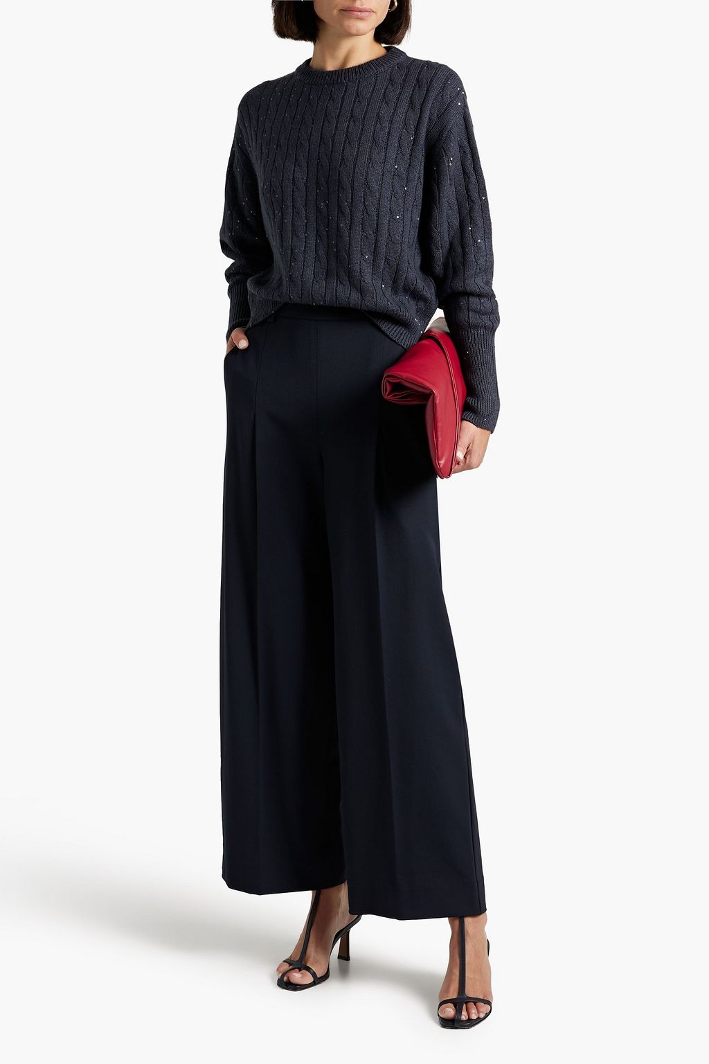 BRUNELLO CUCINELLI Embellished cable-knit cashmere and silk-blend sweater