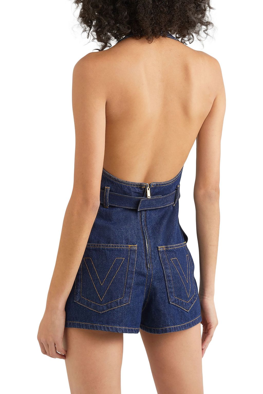 VALENTINO GARAVANI Embellished denim halterneck playsuit