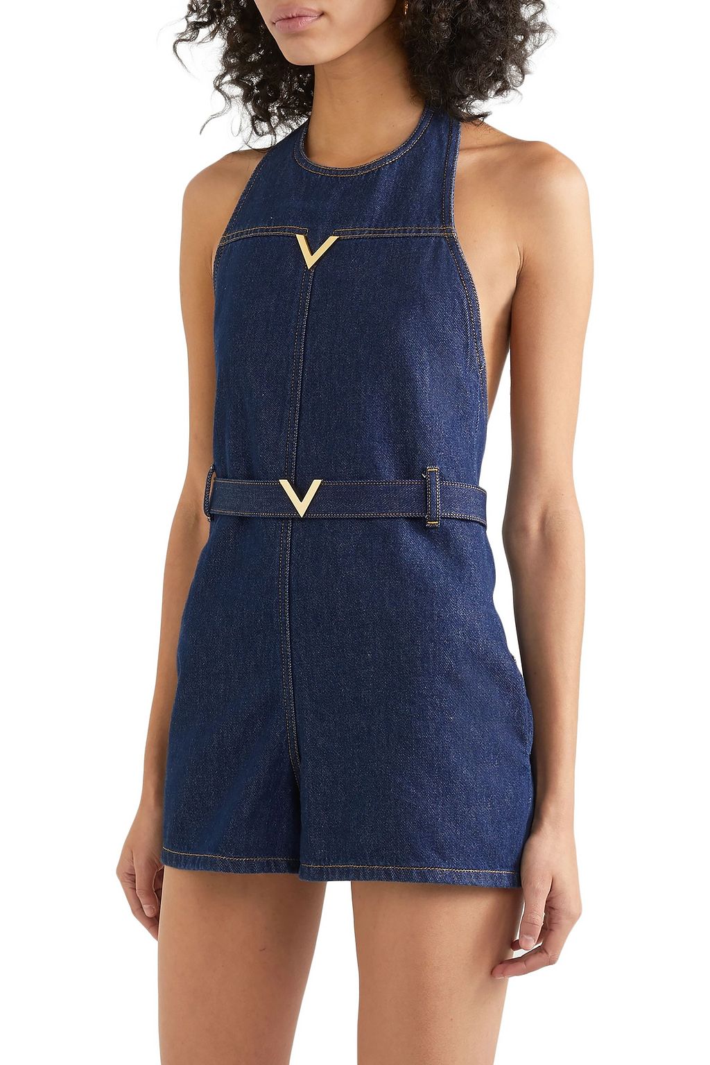 VALENTINO GARAVANI Embellished denim halterneck playsuit