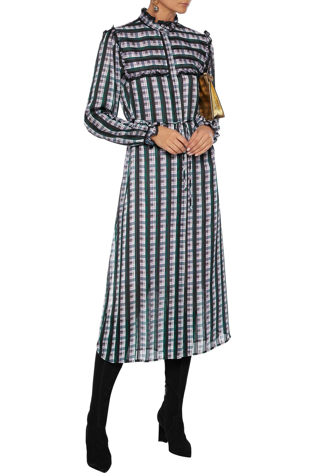 GREY JASON WU Ruffle-trimmed checked burnout chiffon midi dress
