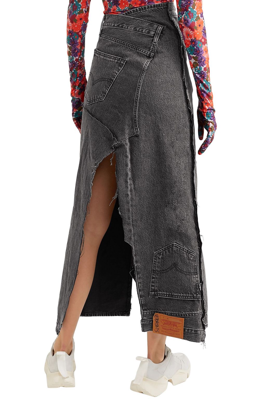 VETEMENTS Distressed printed denim maxi skirt