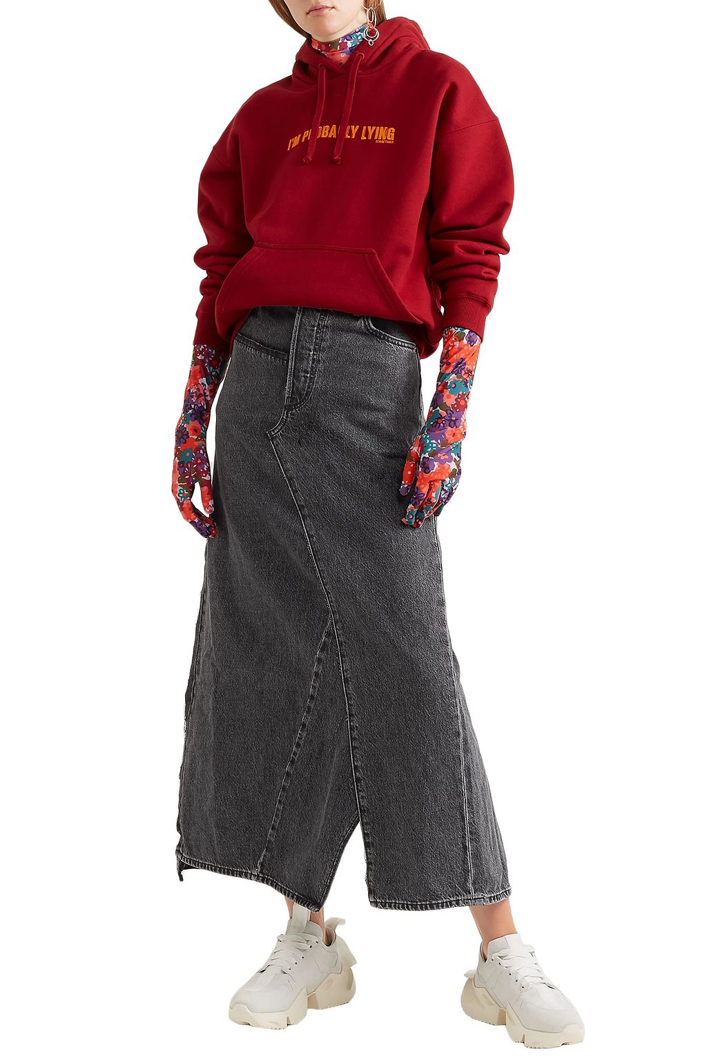 VETEMENTS Distressed printed denim maxi skirt