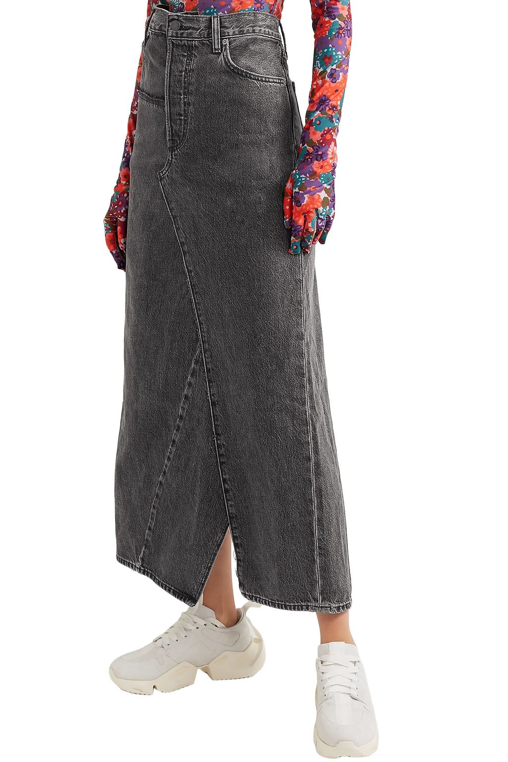 VETEMENTS Distressed printed denim maxi skirt