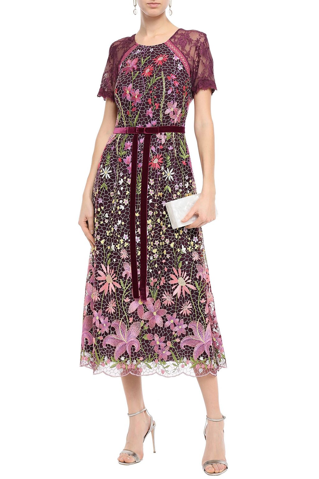 MARCHESA NOTTE レースパネル 装飾付き チュール ミディワンピース