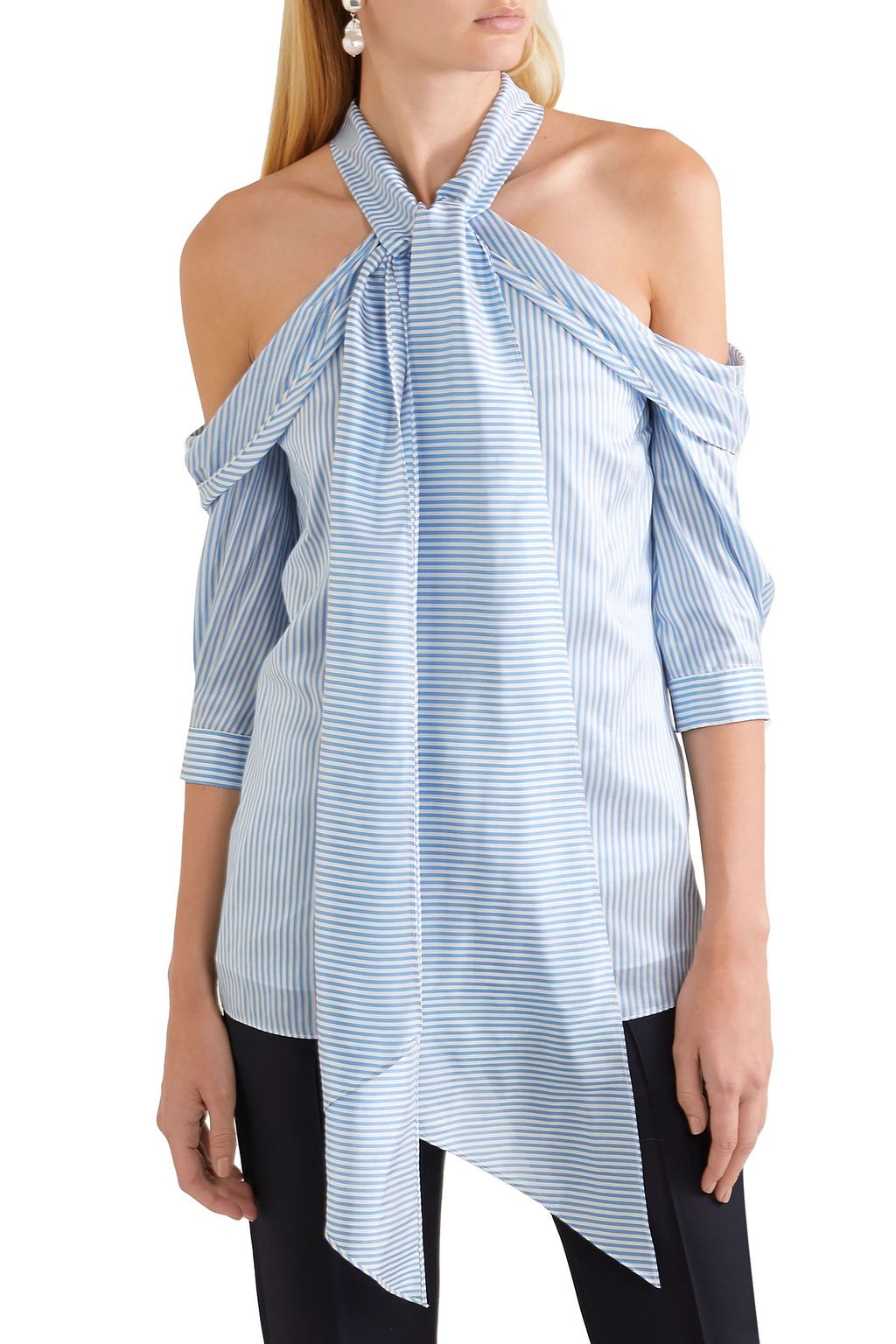 ERDEM Elin cold-shoulder striped silk-satin top