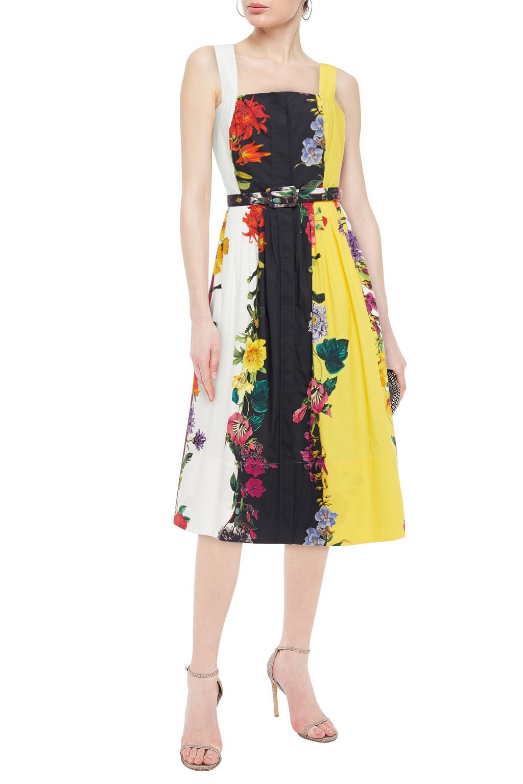 OSCAR DE LA RENTA Belted gathered floral-print cotton-blend poplin midi dress