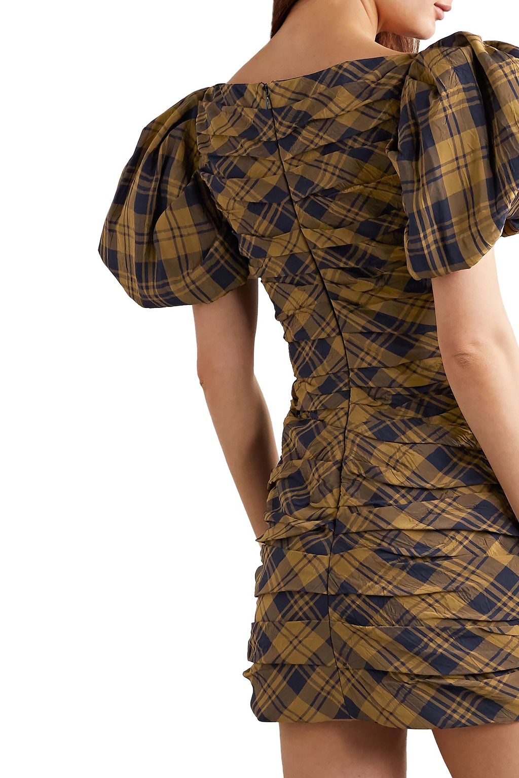 KHAITE Shelly ruched checked crinkled-twill mini dress