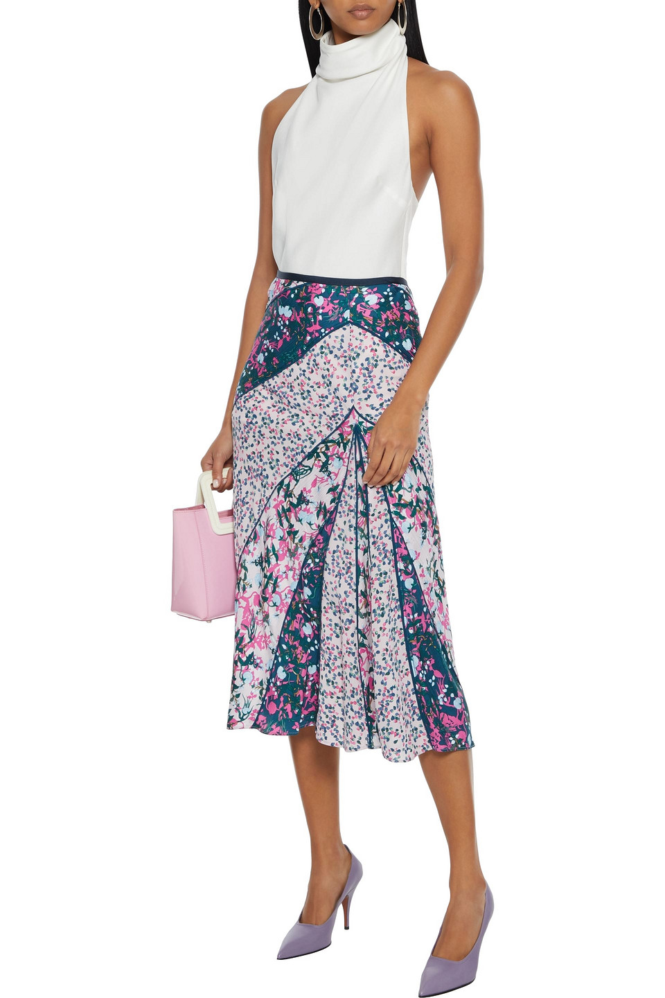 Diane Von Furstenberg Mariel Paneled Printed Crepe De Chine And Jacquard Midi Skirt In Baby Pink