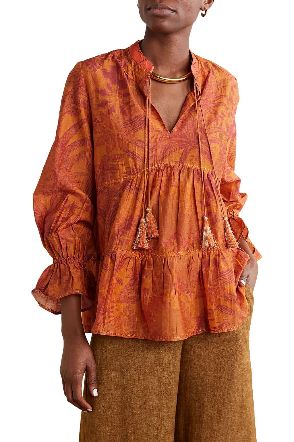 CHUFY Arequipa tiered printed cotton and silk-blend voile blouse