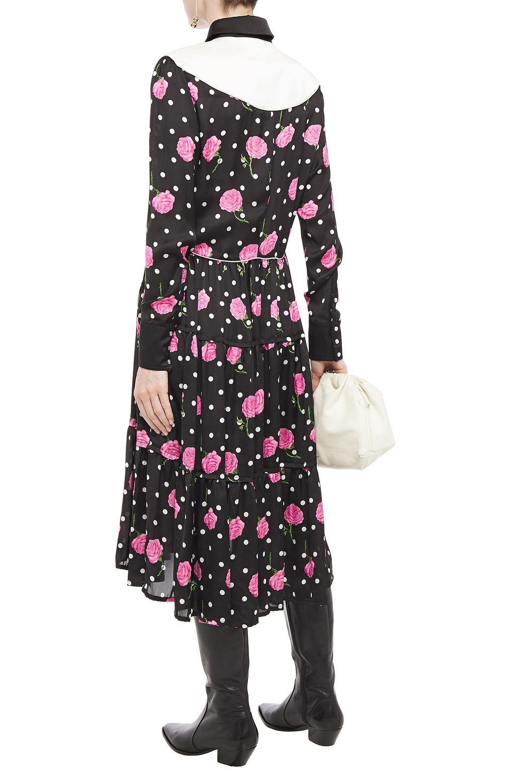 RABANNE Paneled embroidered floral-print satin midi shirt dress