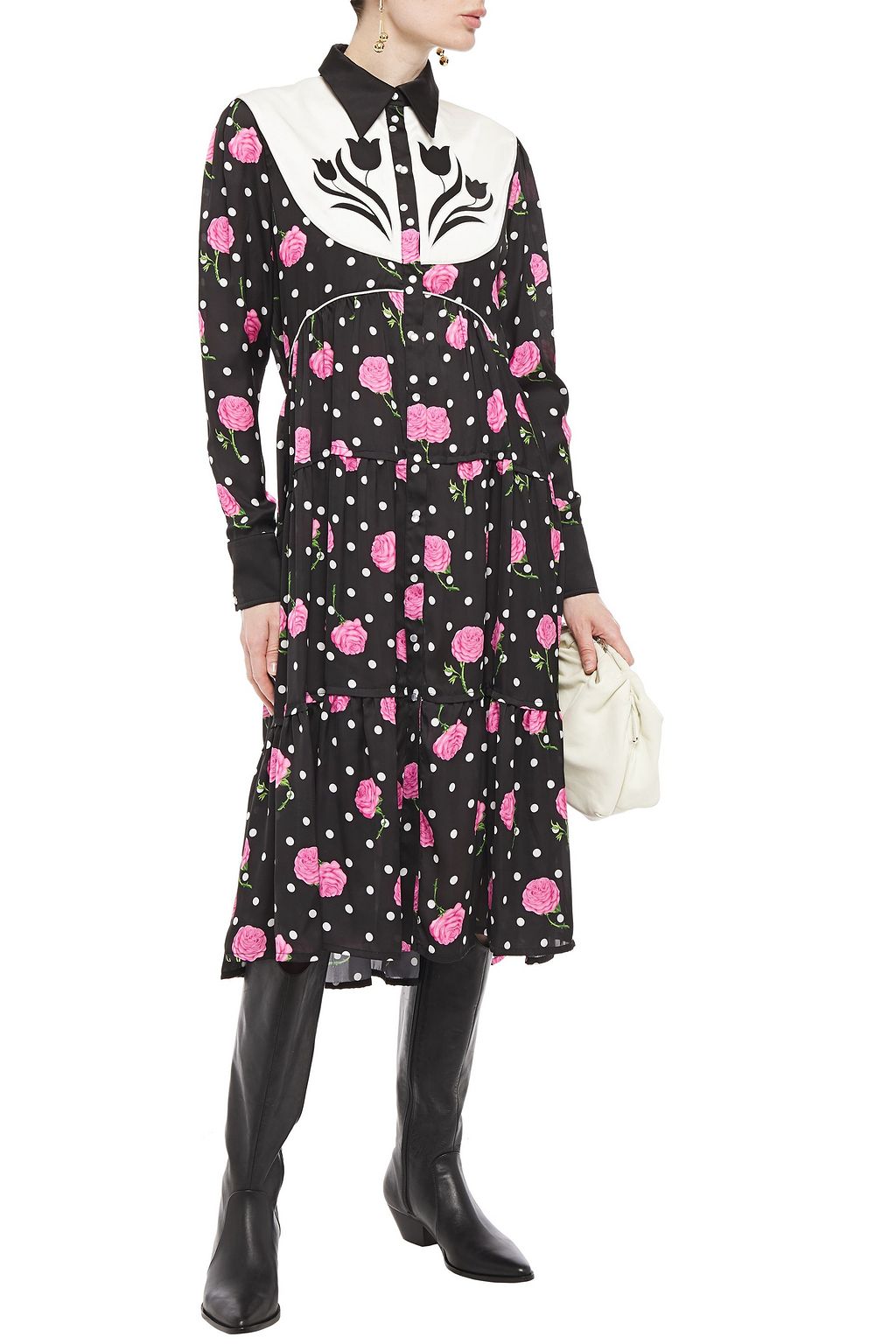 RABANNE Paneled embroidered floral-print satin midi shirt dress