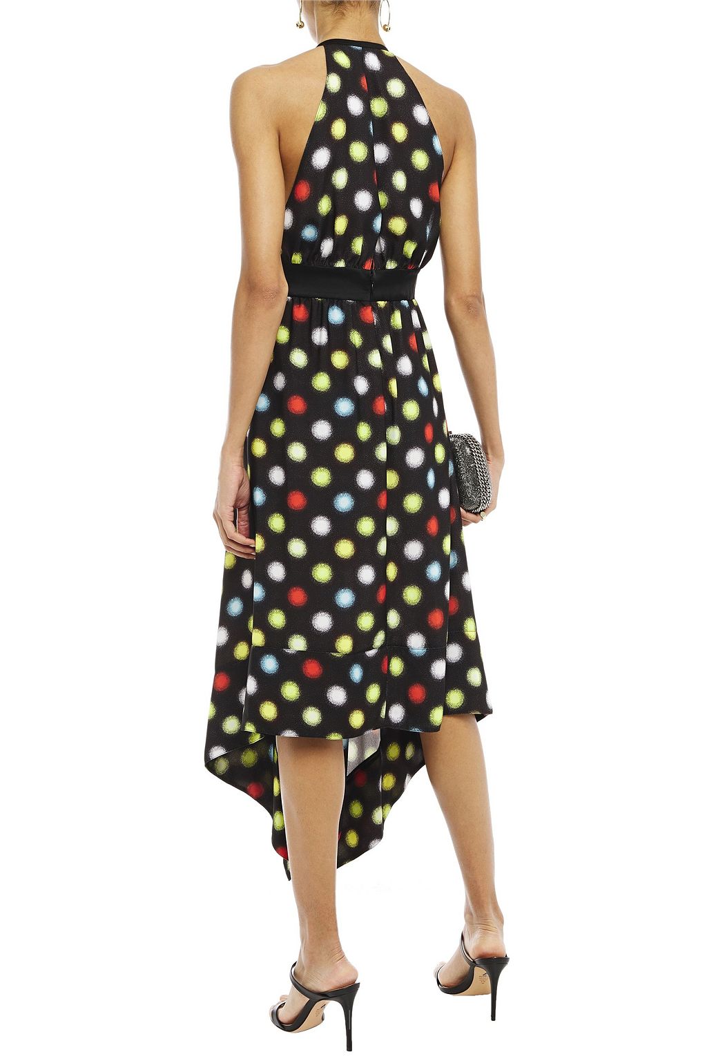 RABANNE Asymmetric polka-dot chainmail-paneled crepe midi dress