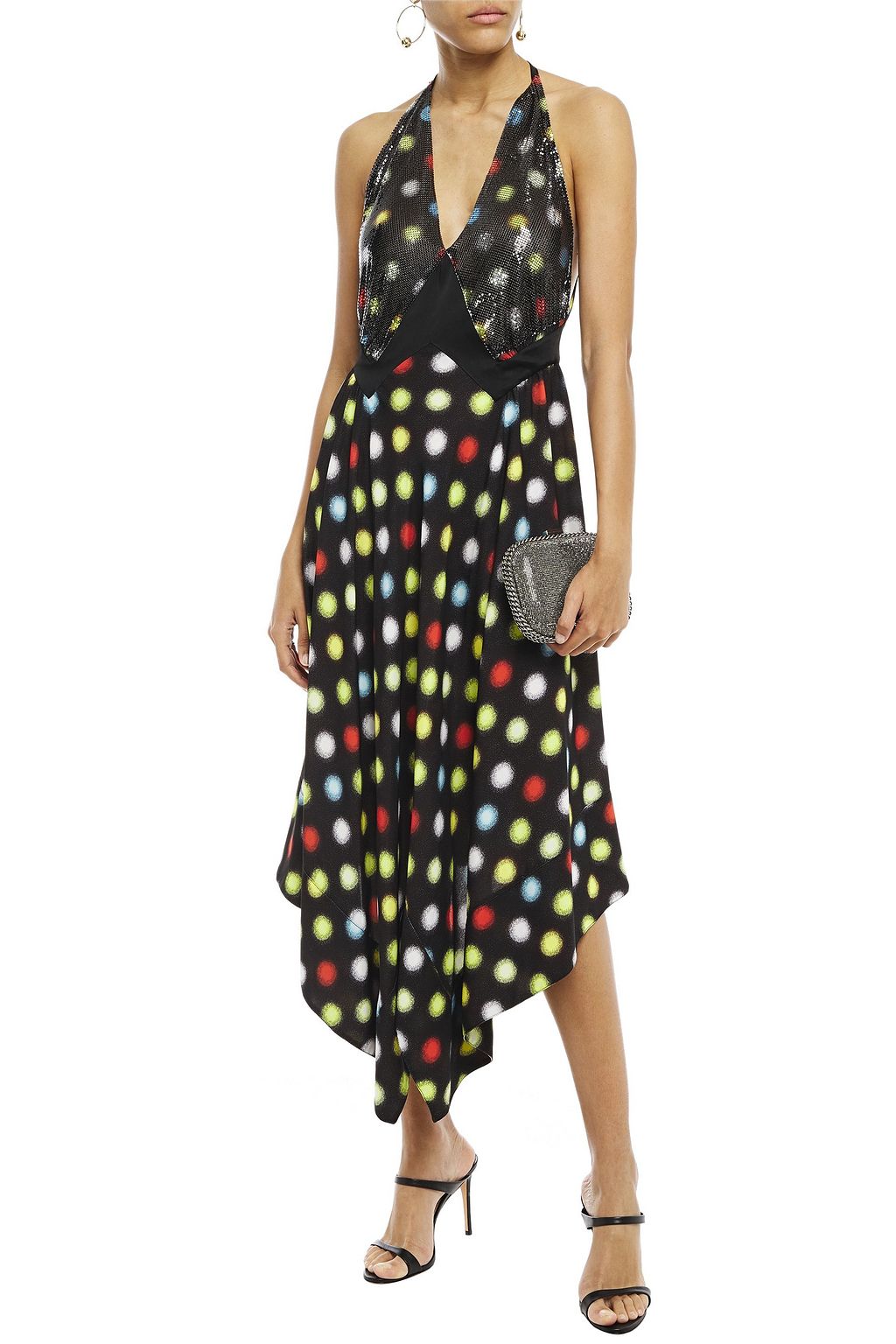 RABANNE Asymmetric polka-dot chainmail-paneled crepe midi dress