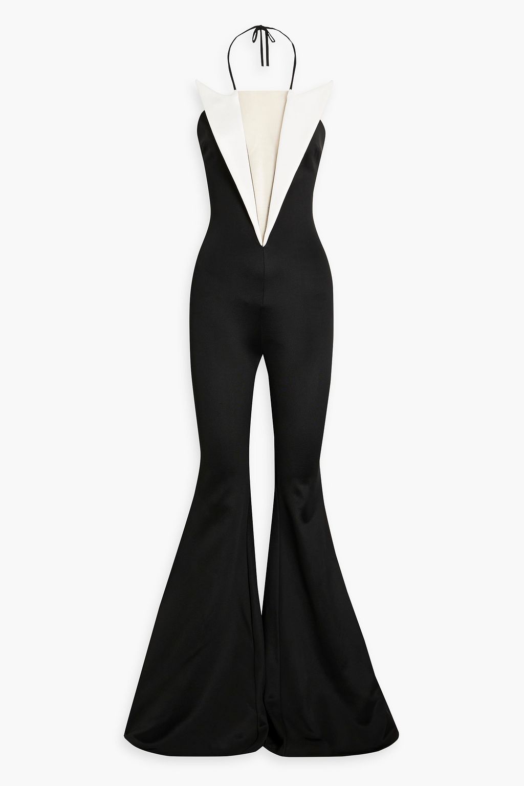 BALMAIN Flared tulle-paneled jersey halterneck jumpsuit | Sale off THE OUTNET