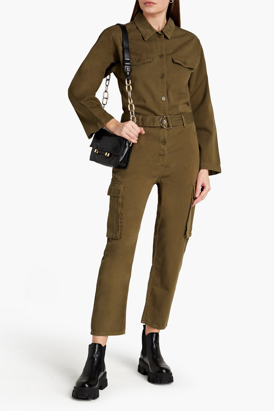 Maje Petale Cropped Cotton-gabardine Jumpsuit In Army Green