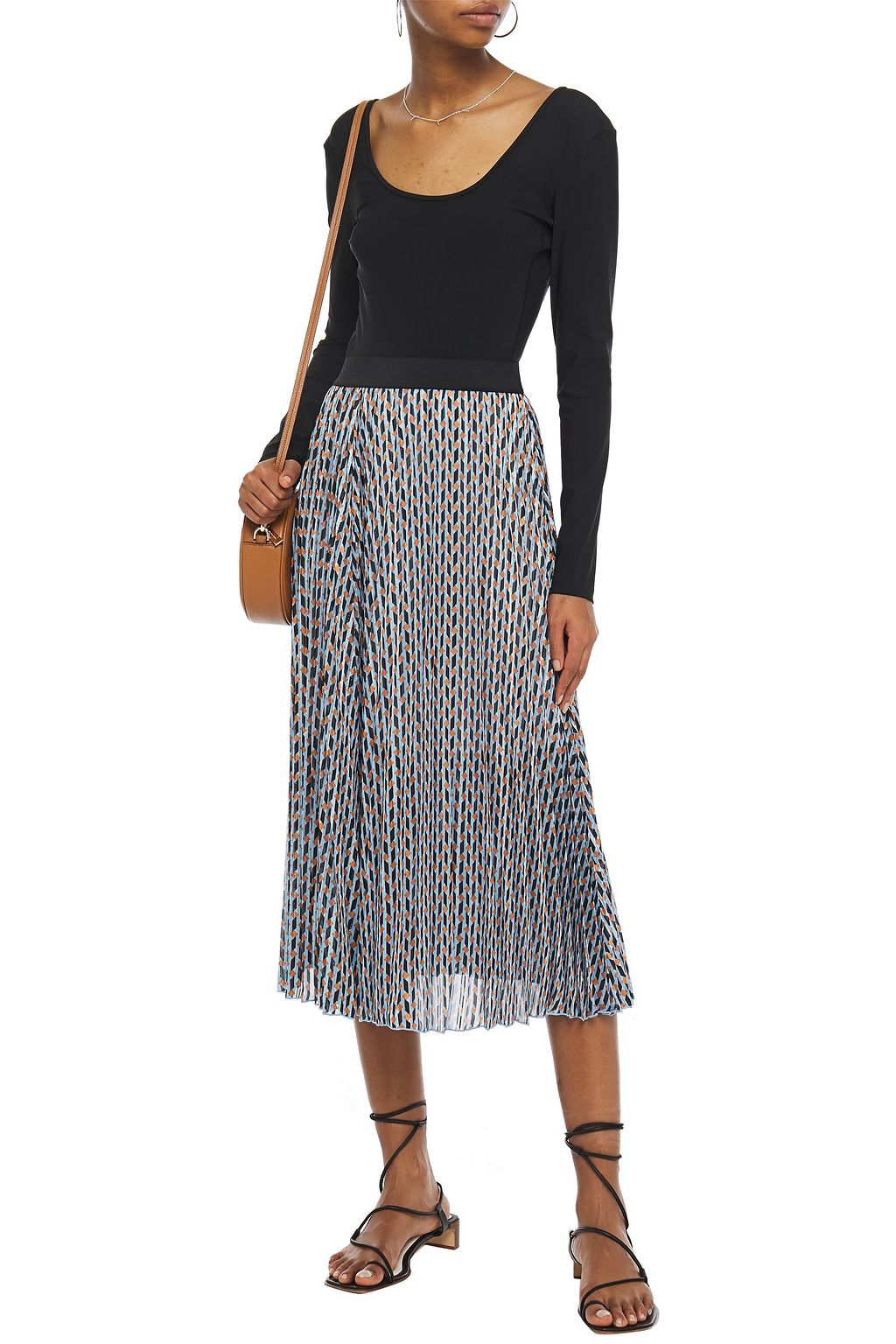 MAJE Pleated printed satin-jacquard midi skirt