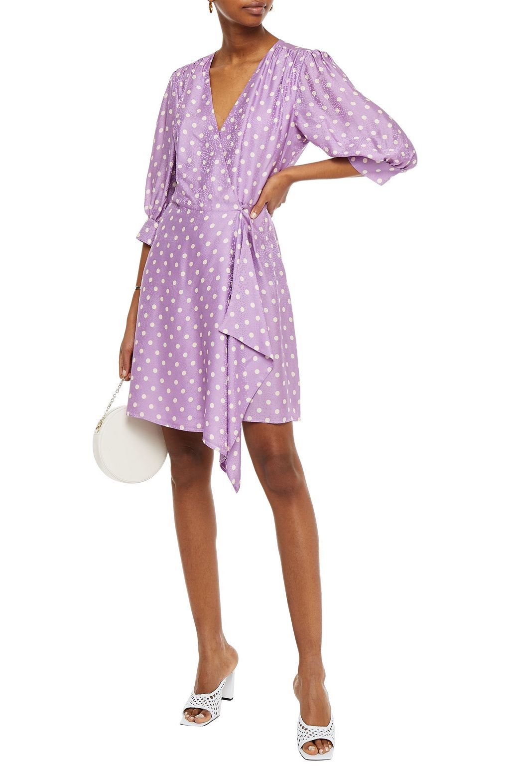 PAUL & JOE Gathered polka-dot satin-jacquard mini wrap dress